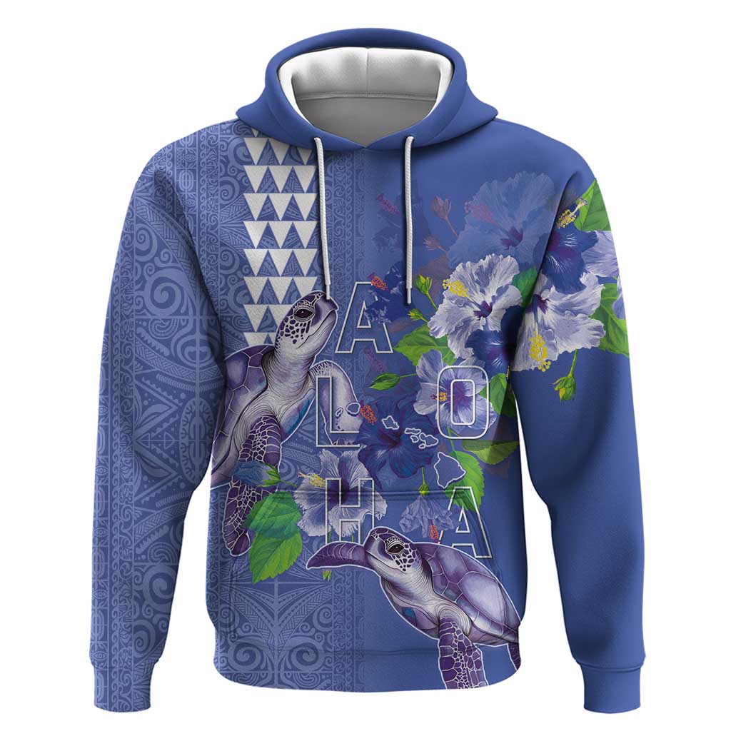 Hawaii Aloha Turtle Hibiscus and Leaves Zip Hoodie with Polynesian and Kakau Tattoos Denim Color LT03 Pullover Hoodie Blue - Polynesian Pride