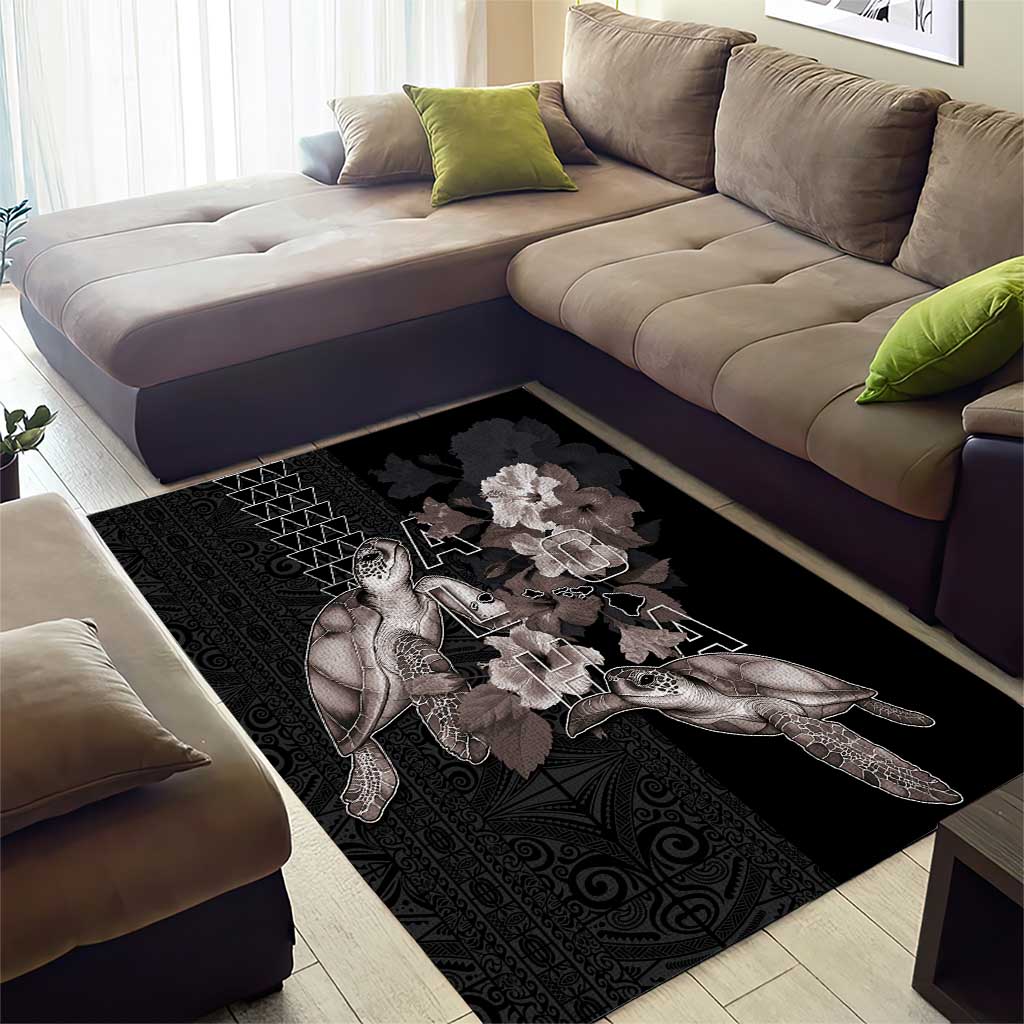 Hawaii Aloha Turtle Hibiscus and Leaves Area Rug with Polynesian and Kakau Tattoos Black Color LT03 - Polynesian Pride