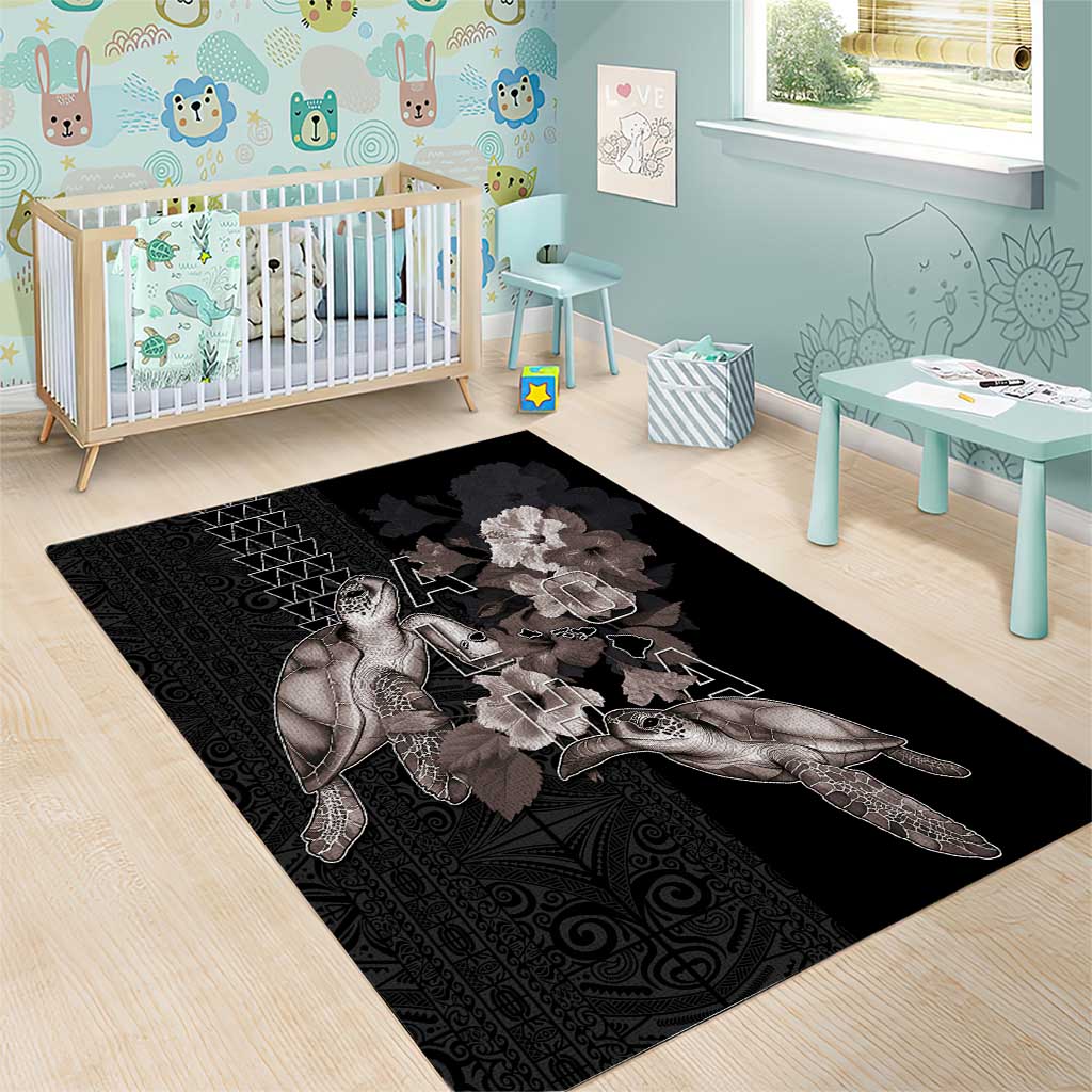 Hawaii Aloha Turtle Hibiscus and Leaves Area Rug with Polynesian and Kakau Tattoos Black Color LT03 - Polynesian Pride
