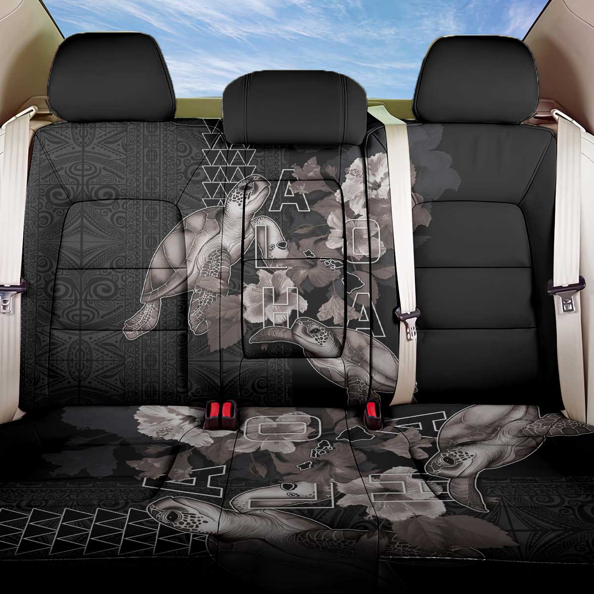 Hawaii Aloha Turtle Hibiscus and Leaves Back Car Seat Cover with Polynesian and Kakau Tattoos Black Color LT03 One Size Black - Polynesian Pride