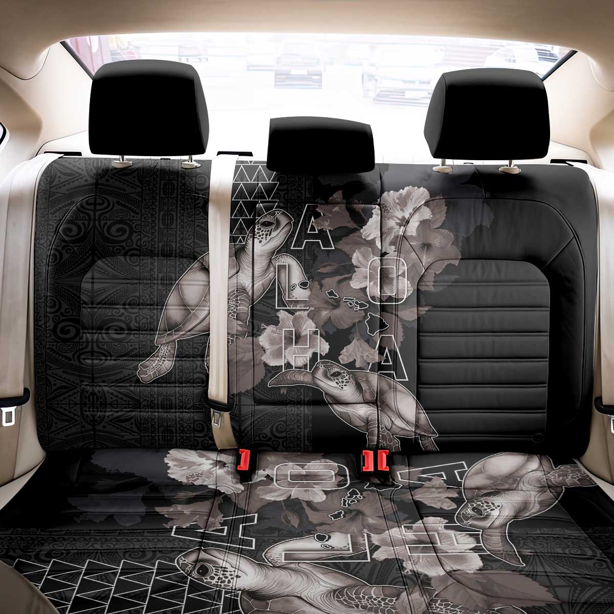 Hawaii Aloha Turtle Hibiscus and Leaves Back Car Seat Cover with Polynesian and Kakau Tattoos Black Color LT03 - Polynesian Pride