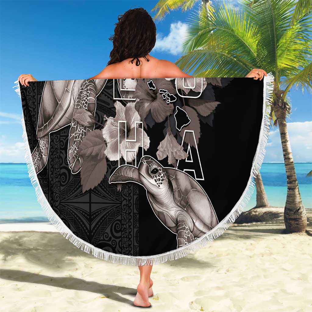 Hawaii Aloha Turtle Hibiscus and Leaves Beach Blanket with Polynesian and Kakau Tattoos Black Color - Polynesian Pride