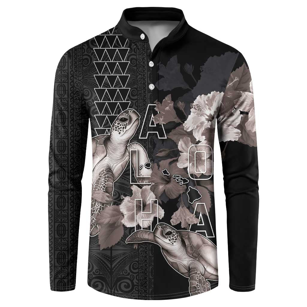 Hawaii Aloha Turtle Hibiscus and Leaves Button Sweatshirt with Polynesian and Kakau Tattoos Black Color LT03 Black - Polynesian Pride