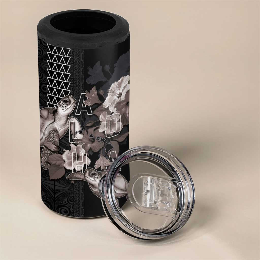 Hawaii Aloha Turtle Hibiscus and Leaves 4 in 1 Can Cooler Tumbler with Polynesian and Kakau Tattoos Black Color LT03 - Polynesian Pride