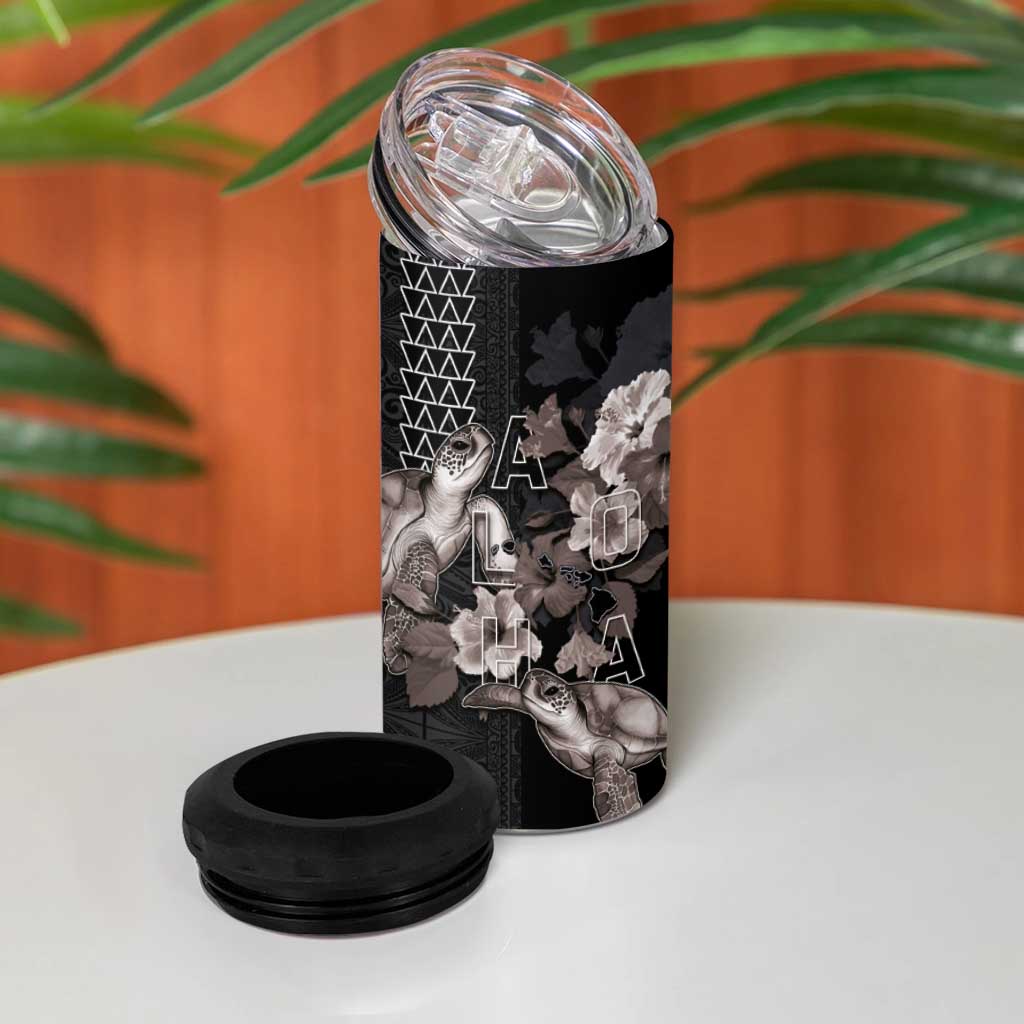 Hawaii Aloha Turtle Hibiscus and Leaves 4 in 1 Can Cooler Tumbler with Polynesian and Kakau Tattoos Black Color LT03 - Polynesian Pride