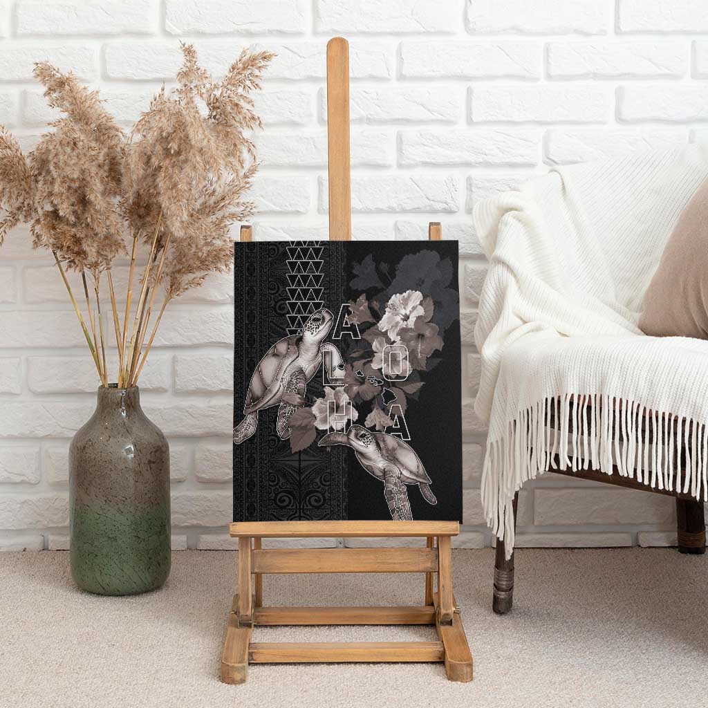 Hawaii Aloha Turtle Hibiscus and Leaves Canvas Wall Art with Polynesian and Kakau Tattoos Black Color - Polynesian Pride