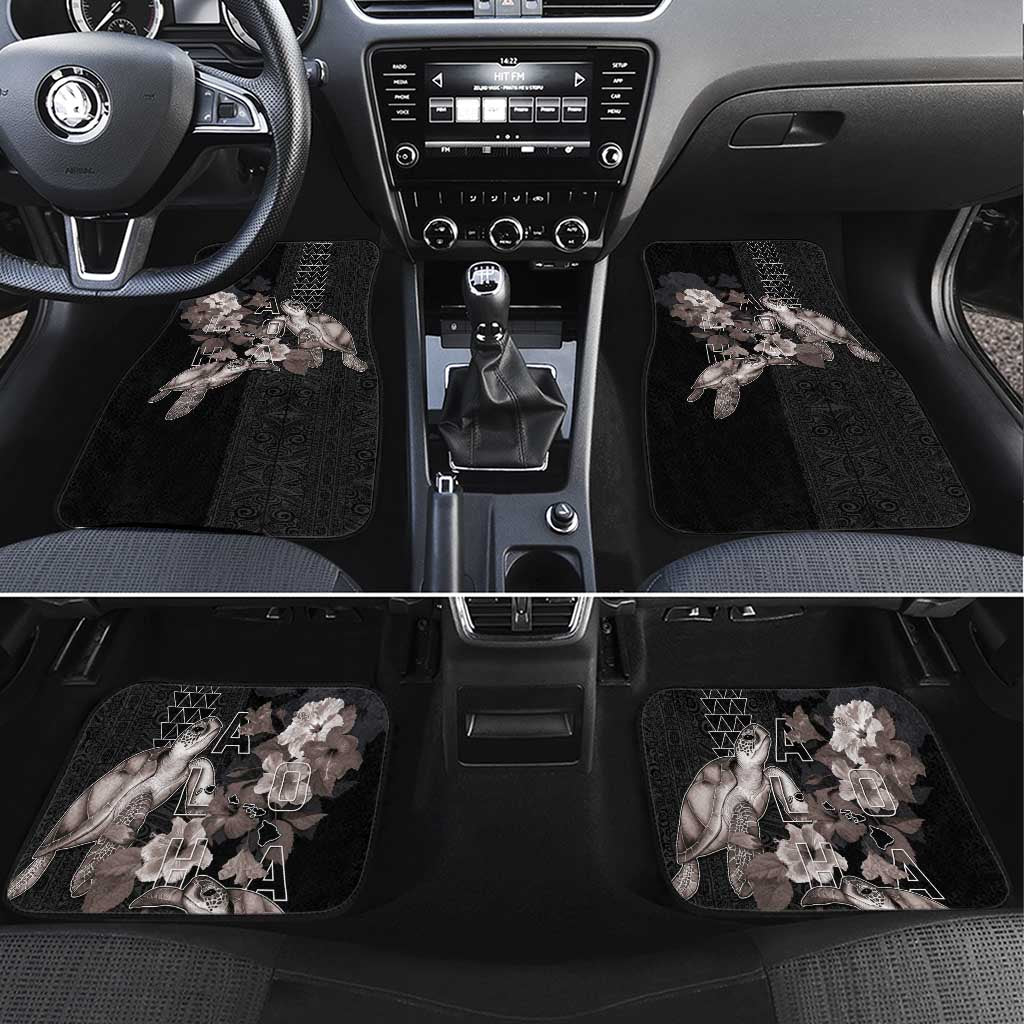 Hawaii Aloha Turtle Hibiscus and Leaves Car Mats with Polynesian and Kakau Tattoos Black Color LT03 Set 4pcs Black - Polynesian Pride