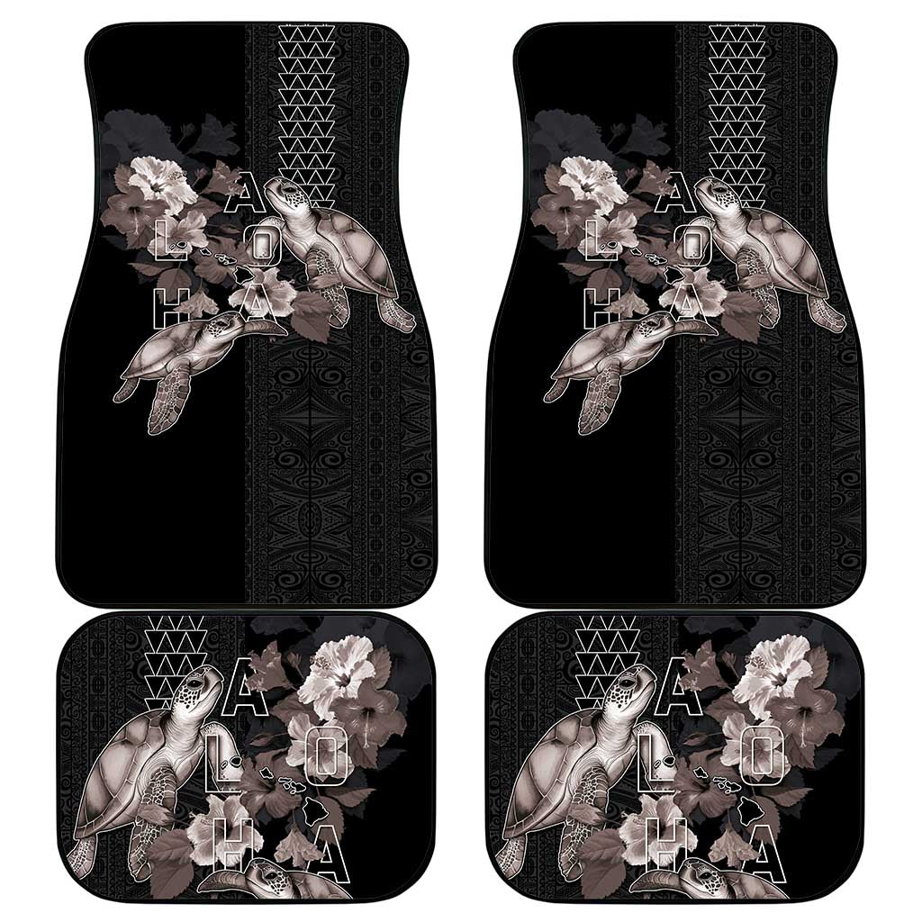 Hawaii Aloha Turtle Hibiscus and Leaves Car Mats with Polynesian and Kakau Tattoos Black Color LT03 - Polynesian Pride