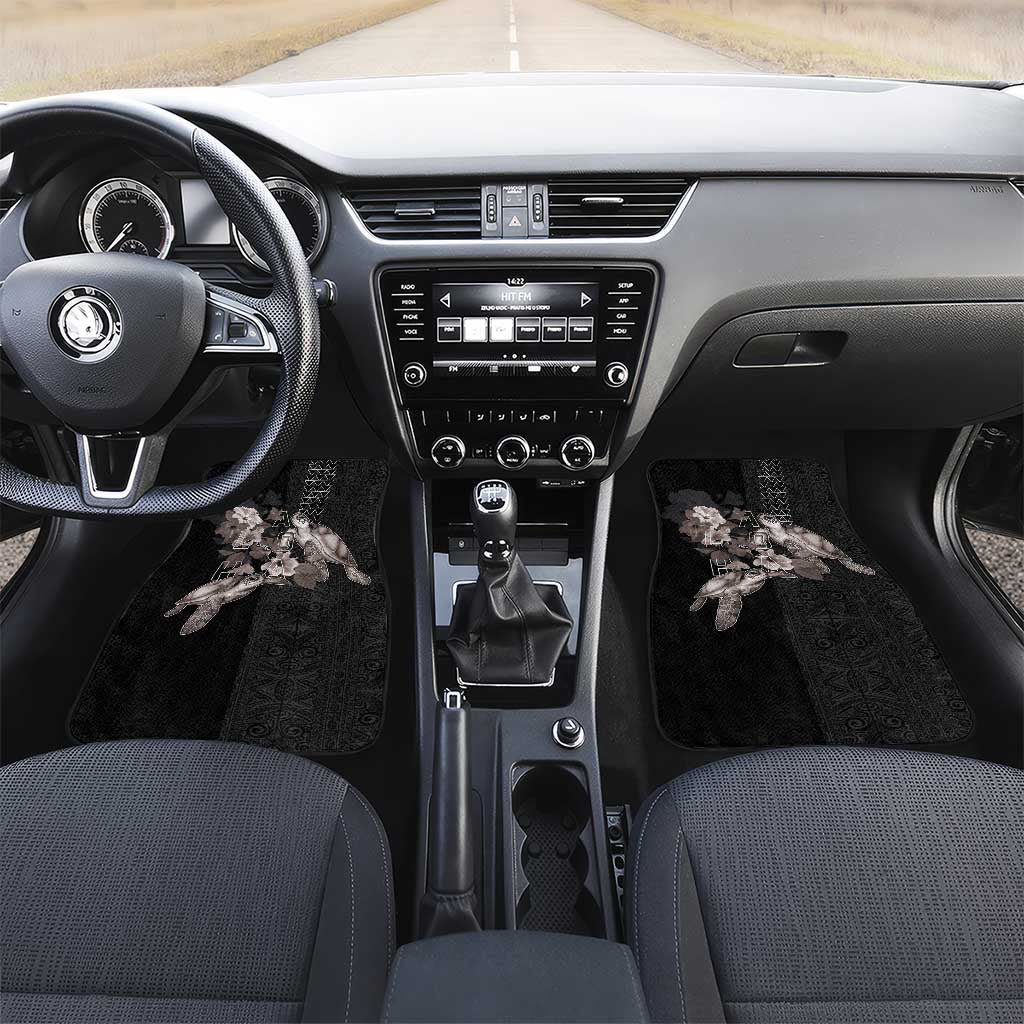 Hawaii Aloha Turtle Hibiscus and Leaves Car Mats with Polynesian and Kakau Tattoos Black Color LT03 Set 2pcs - Front Black - Polynesian Pride