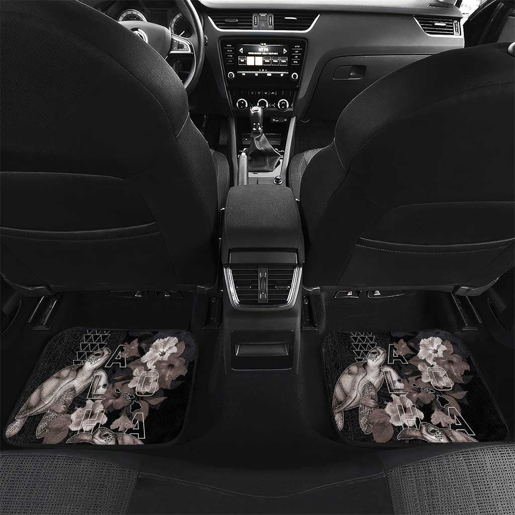 Hawaii Aloha Turtle Hibiscus and Leaves Car Mats with Polynesian and Kakau Tattoos Black Color LT03 Set 2pcs - Back Black - Polynesian Pride