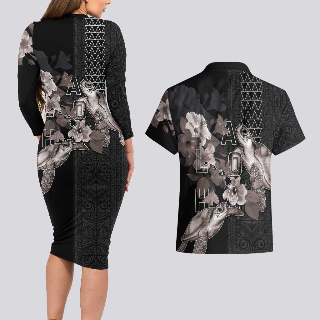 Hawaii Aloha Turtle Hibiscus and Leaves Couples Matching Long Sleeve Bodycon Dress and Hawaiian Shirt with Polynesian and Kakau Tattoos Black Color - Polynesian Pride