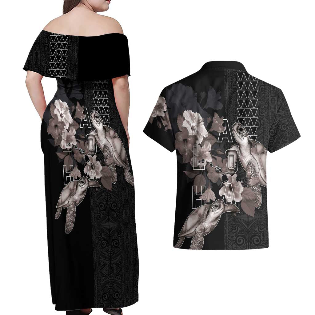 Hawaii Aloha Turtle Hibiscus and Leaves Couples Matching Off Shoulder Maxi Dress and Hawaiian Shirt with Polynesian and Kakau Tattoos Black Color - Polynesian Pride