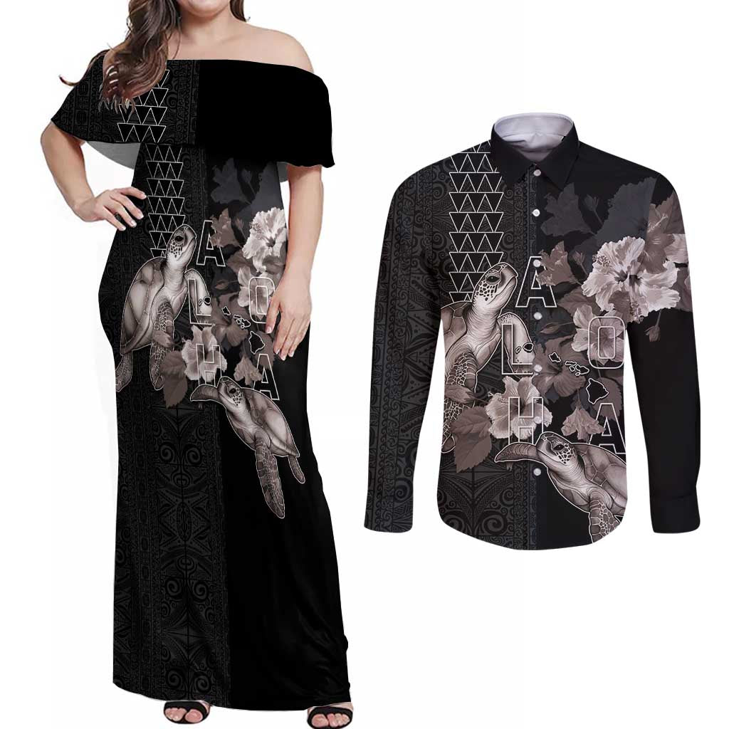 Hawaii Aloha Turtle Hibiscus and Leaves Couples Matching Off Shoulder Maxi Dress and Long Sleeve Button Shirt with Polynesian and Kakau Tattoos Black Color - Polynesian Pride
