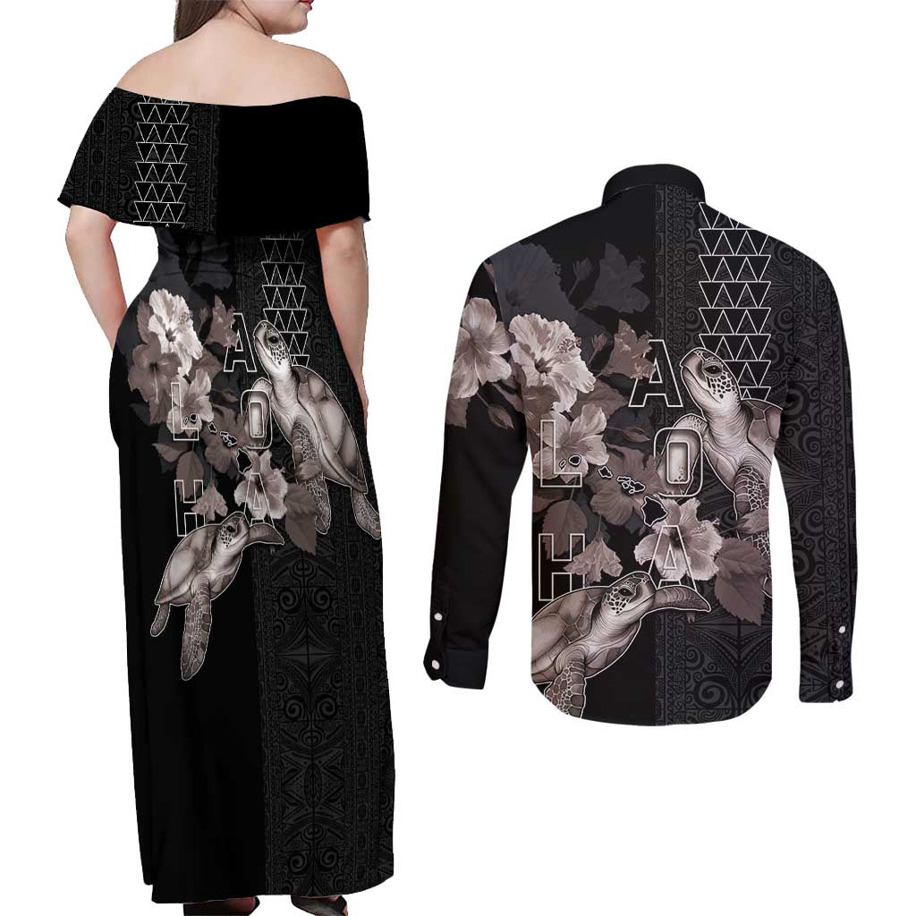 Hawaii Aloha Turtle Hibiscus and Leaves Couples Matching Off Shoulder Maxi Dress and Long Sleeve Button Shirt with Polynesian and Kakau Tattoos Black Color - Polynesian Pride