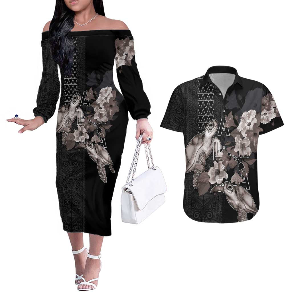 Hawaii Aloha Turtle Hibiscus and Leaves Couples Matching Off The Shoulder Long Sleeve Dress and Hawaiian Shirt with Polynesian and Kakau Tattoos Black Color - Polynesian Pride