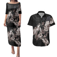 Hawaii Aloha Turtle Hibiscus and Leaves Couples Matching Puletasi and Hawaiian Shirt with Polynesian and Kakau Tattoos Black Color LT03 Black - Polynesian Pride
