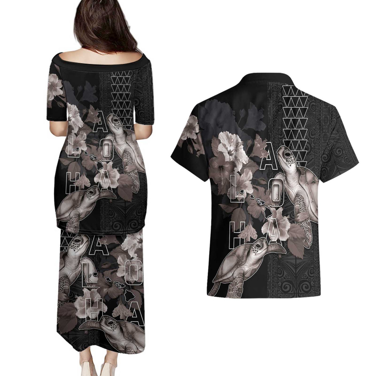 Hawaii Aloha Turtle Hibiscus and Leaves Couples Matching Puletasi and Hawaiian Shirt with Polynesian and Kakau Tattoos Black Color LT03 - Polynesian Pride