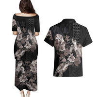 Hawaii Aloha Turtle Hibiscus and Leaves Couples Matching Puletasi and Hawaiian Shirt with Polynesian and Kakau Tattoos Black Color LT03 - Polynesian Pride