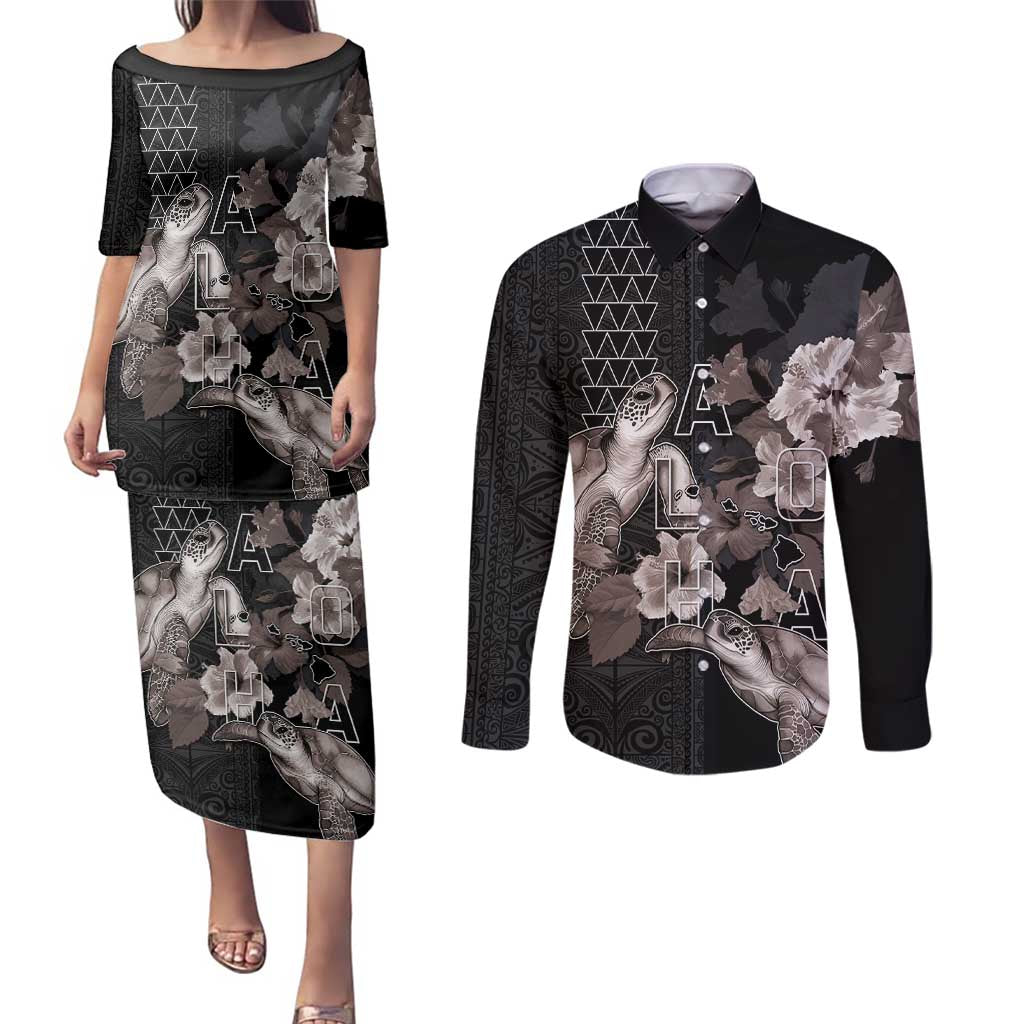 Hawaii Aloha Turtle Hibiscus and Leaves Couples Matching Puletasi and Long Sleeve Button Shirt with Polynesian and Kakau Tattoos Black Color LT03 Black - Polynesian Pride