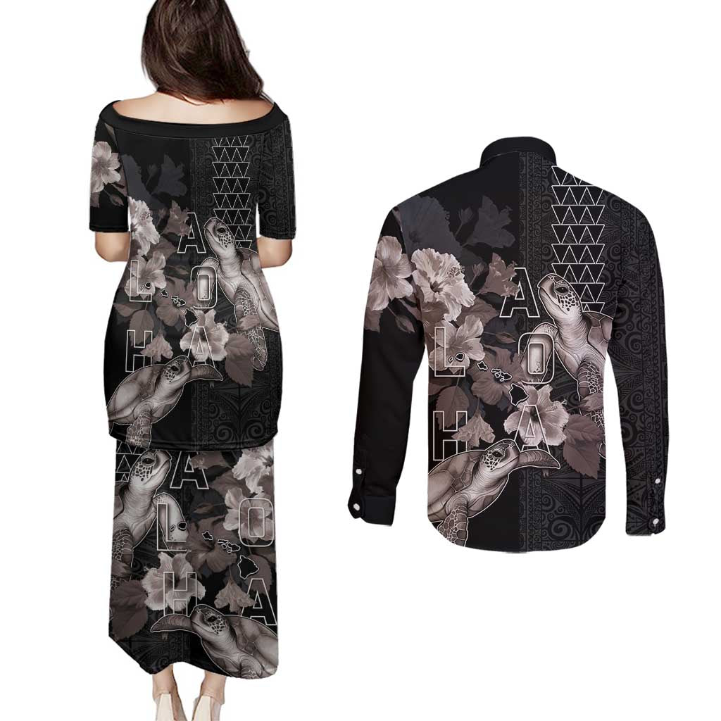 Hawaii Aloha Turtle Hibiscus and Leaves Couples Matching Puletasi and Long Sleeve Button Shirt with Polynesian and Kakau Tattoos Black Color LT03 - Polynesian Pride