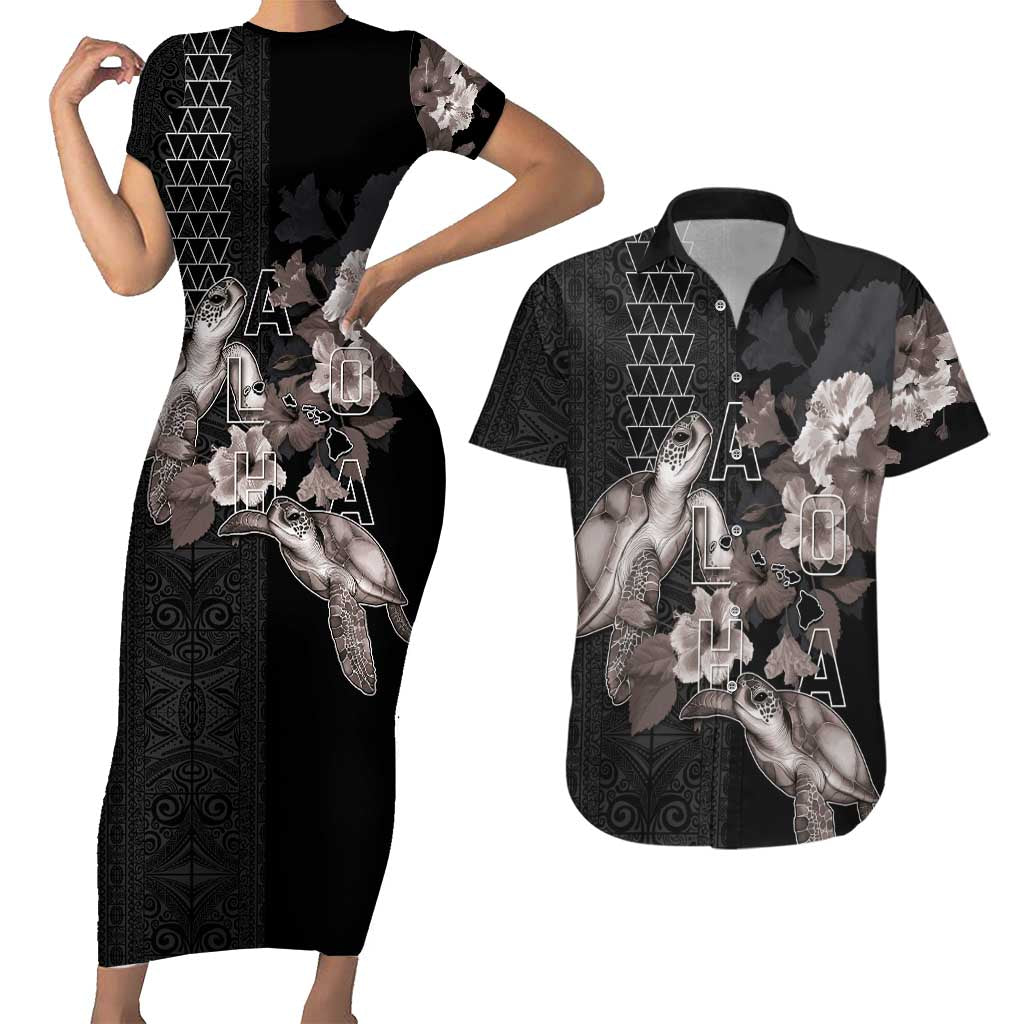 Hawaii Aloha Turtle Hibiscus and Leaves Couples Matching Short Sleeve Bodycon Dress and Hawaiian Shirt with Polynesian and Kakau Tattoos Black Color - Polynesian Pride