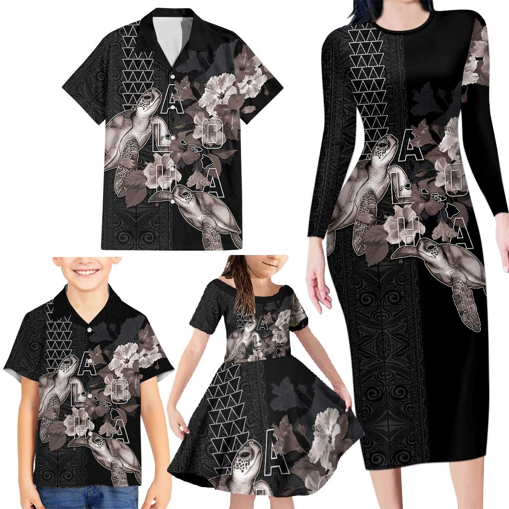 Hawaii Aloha Turtle Hibiscus and Leaves Family Matching Long Sleeve Bodycon Dress and Hawaiian Shirt with Polynesian and Kakau Tattoos Black Color LT03 - Polynesian Pride