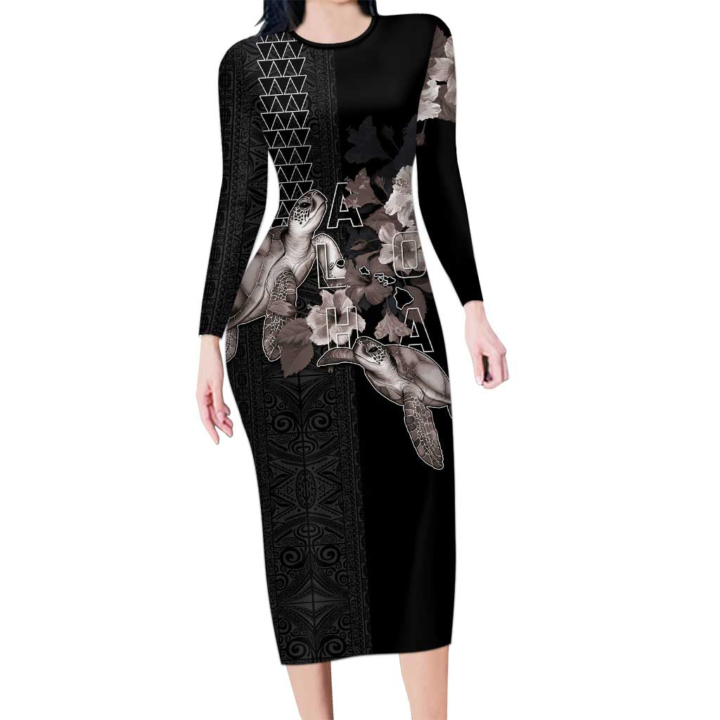 Hawaii Aloha Turtle Hibiscus and Leaves Family Matching Long Sleeve Bodycon Dress and Hawaiian Shirt with Polynesian and Kakau Tattoos Black Color LT03 Mom's Dress Black - Polynesian Pride