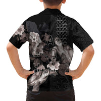 Hawaii Aloha Turtle Hibiscus and Leaves Family Matching Off The Shoulder Long Sleeve Dress and Hawaiian Shirt with Polynesian and Kakau Tattoos Black Color - Polynesian Pride