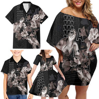 Hawaii Aloha Turtle Hibiscus and Leaves Family Matching Off Shoulder Short Dress and Hawaiian Shirt with Polynesian and Kakau Tattoos Black Color LT03 - Polynesian Pride