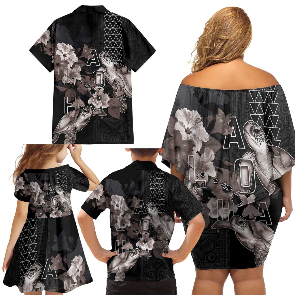 Hawaii Aloha Turtle Hibiscus and Leaves Family Matching Off Shoulder Short Dress and Hawaiian Shirt with Polynesian and Kakau Tattoos Black Color LT03 - Polynesian Pride