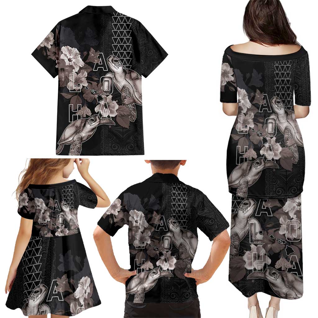 Hawaii Aloha Turtle Hibiscus and Leaves Family Matching Puletasi and Hawaiian Shirt with Polynesian and Kakau Tattoos Black Color LT03 - Polynesian Pride