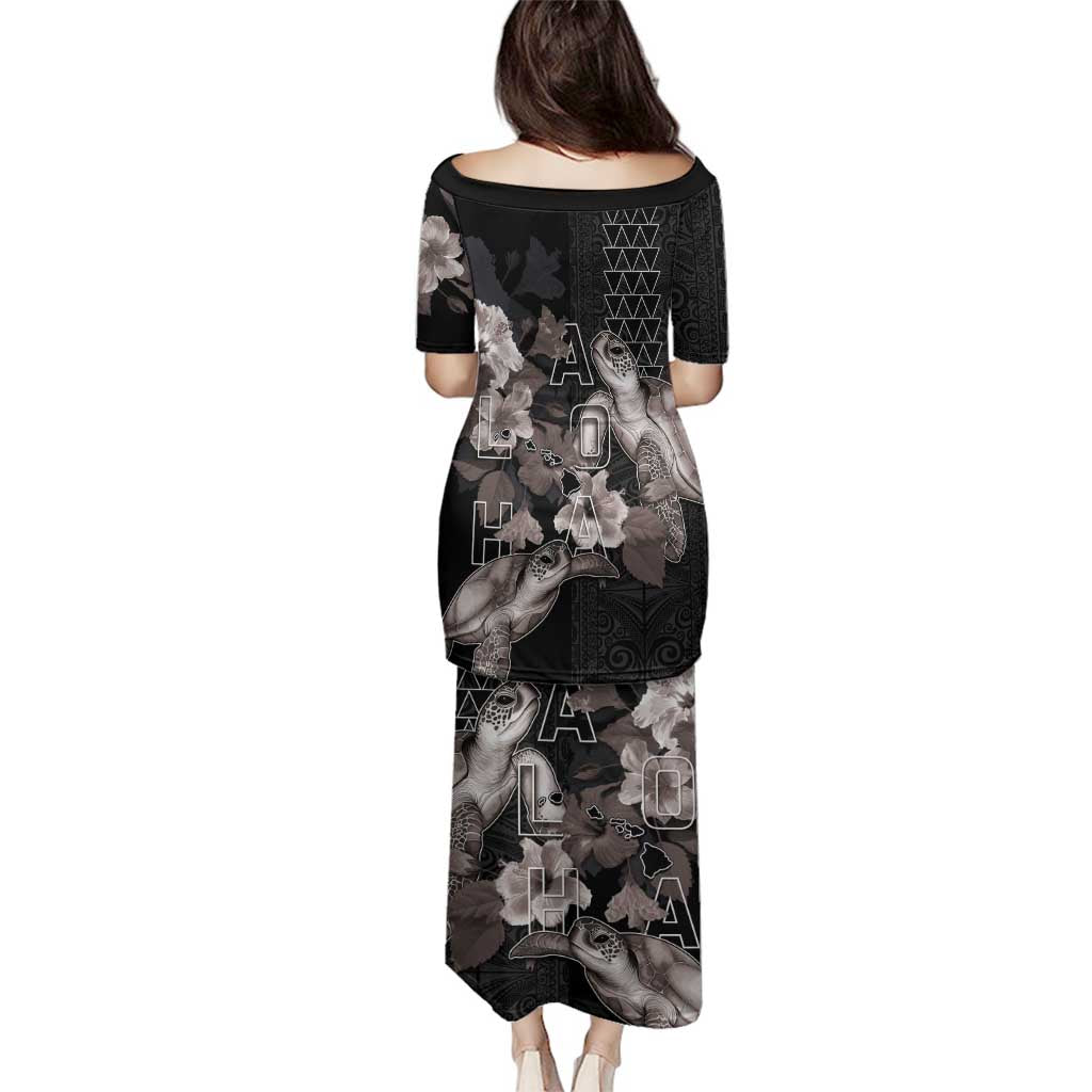 Hawaii Aloha Turtle Hibiscus and Leaves Family Matching Puletasi and Hawaiian Shirt with Polynesian and Kakau Tattoos Black Color LT03 - Polynesian Pride