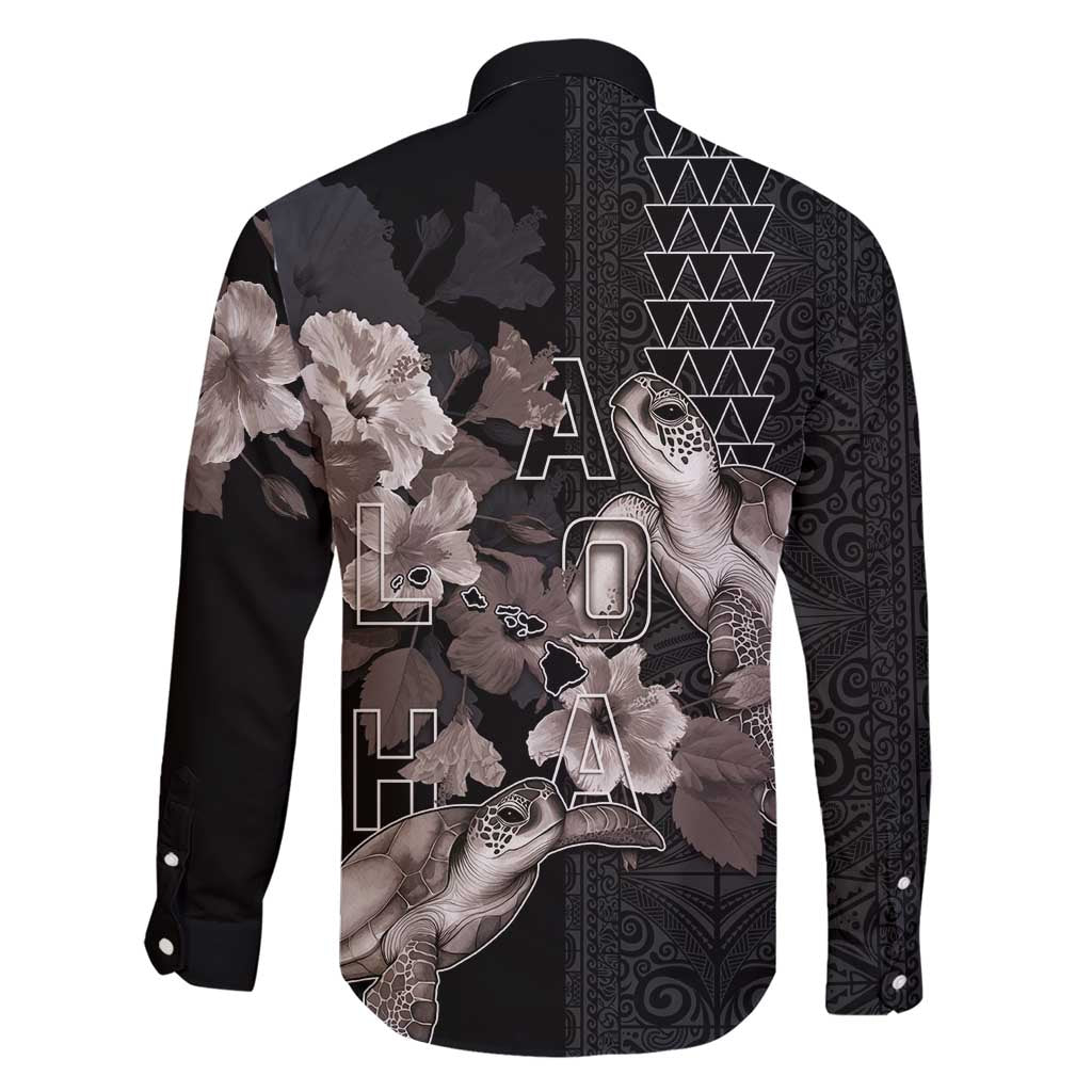 Hawaii Aloha Turtle Hibiscus and Leaves Family Matching Short Sleeve Bodycon Dress and Hawaiian Shirt with Polynesian and Kakau Tattoos Black Color - Polynesian Pride