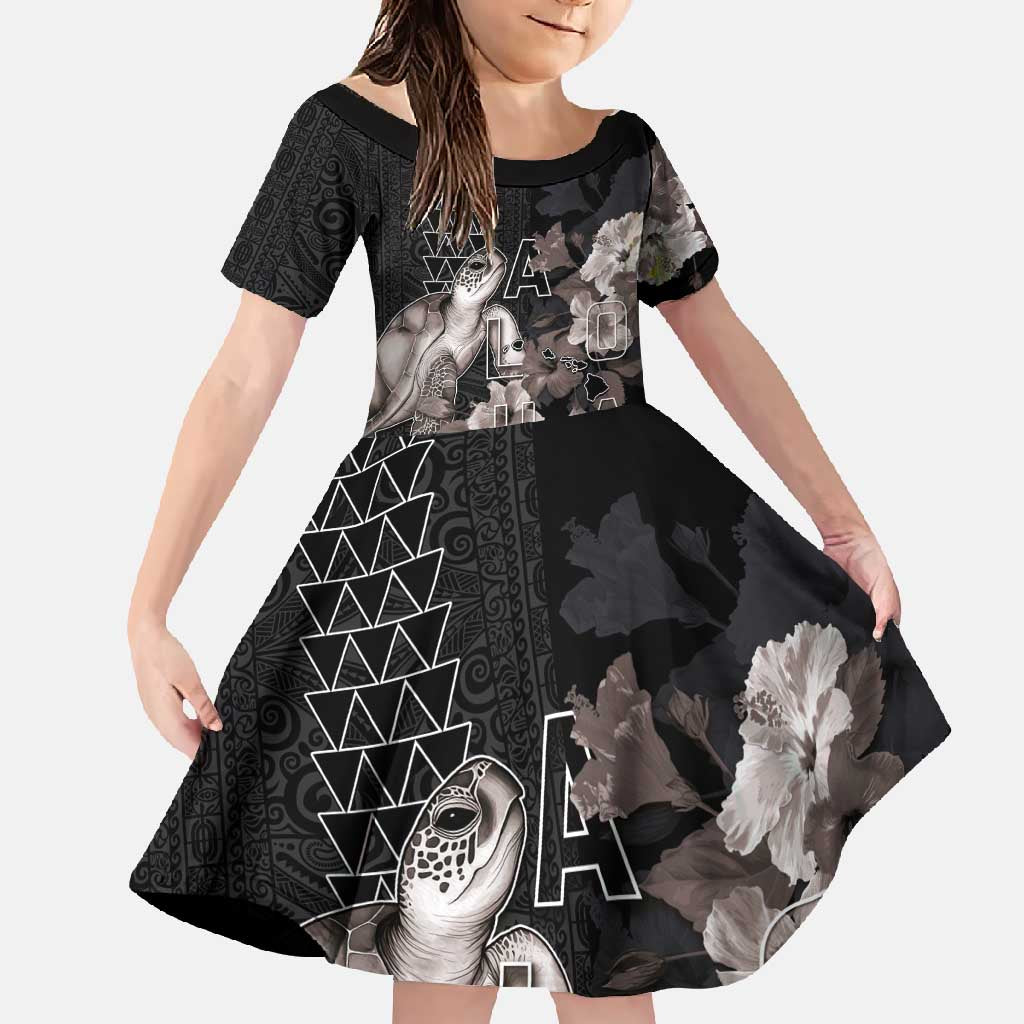 Hawaii Aloha Turtle Hibiscus and Leaves Family Matching Summer Maxi Dress and Hawaiian Shirt with Polynesian and Kakau Tattoos Black Color LT03 Daughter's Dress Black - Polynesian Pride