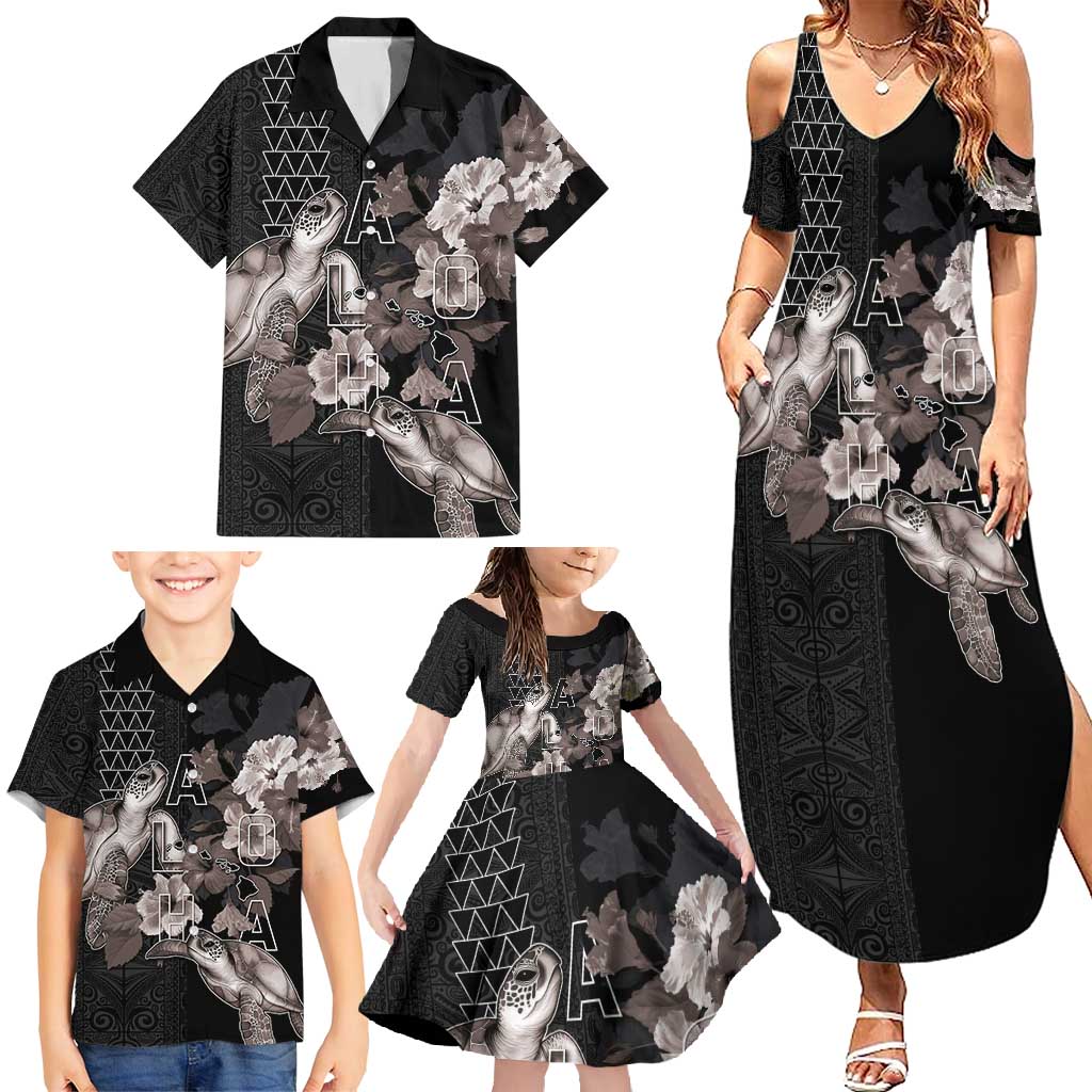 Hawaii Aloha Turtle Hibiscus and Leaves Family Matching Summer Maxi Dress and Hawaiian Shirt with Polynesian and Kakau Tattoos Black Color - Polynesian Pride