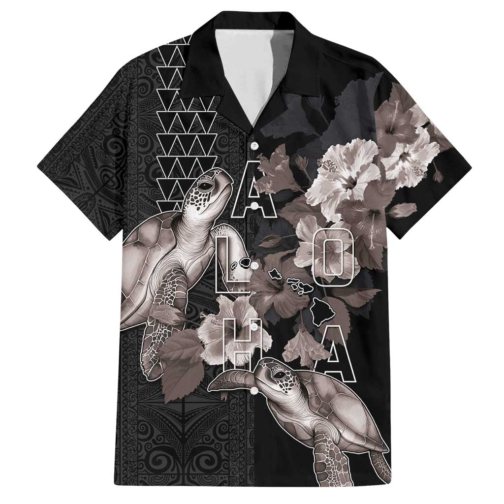 Hawaii Aloha Turtle Hibiscus and Leaves Family Matching Summer Maxi Dress and Hawaiian Shirt with Polynesian and Kakau Tattoos Black Color LT03 Dad's Shirt - Short Sleeve Black - Polynesian Pride