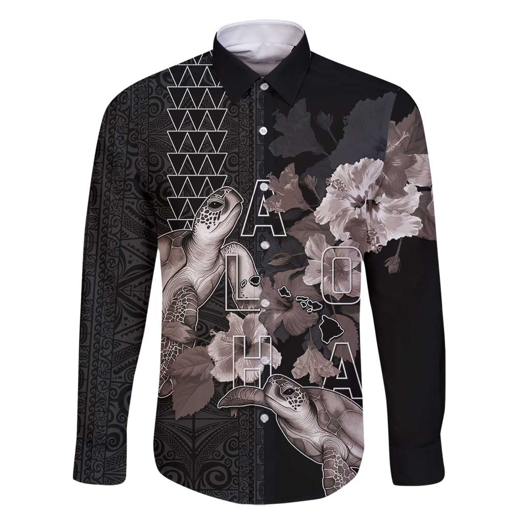Hawaii Aloha Turtle Hibiscus and Leaves Family Matching Summer Maxi Dress and Hawaiian Shirt with Polynesian and Kakau Tattoos Black Color LT03 Dad's Shirt - Long Sleeve Black - Polynesian Pride
