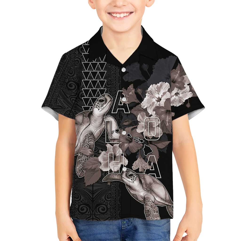 Hawaii Aloha Turtle Hibiscus and Leaves Family Matching Summer Maxi Dress and Hawaiian Shirt with Polynesian and Kakau Tattoos Black Color LT03 Son's Shirt Black - Polynesian Pride