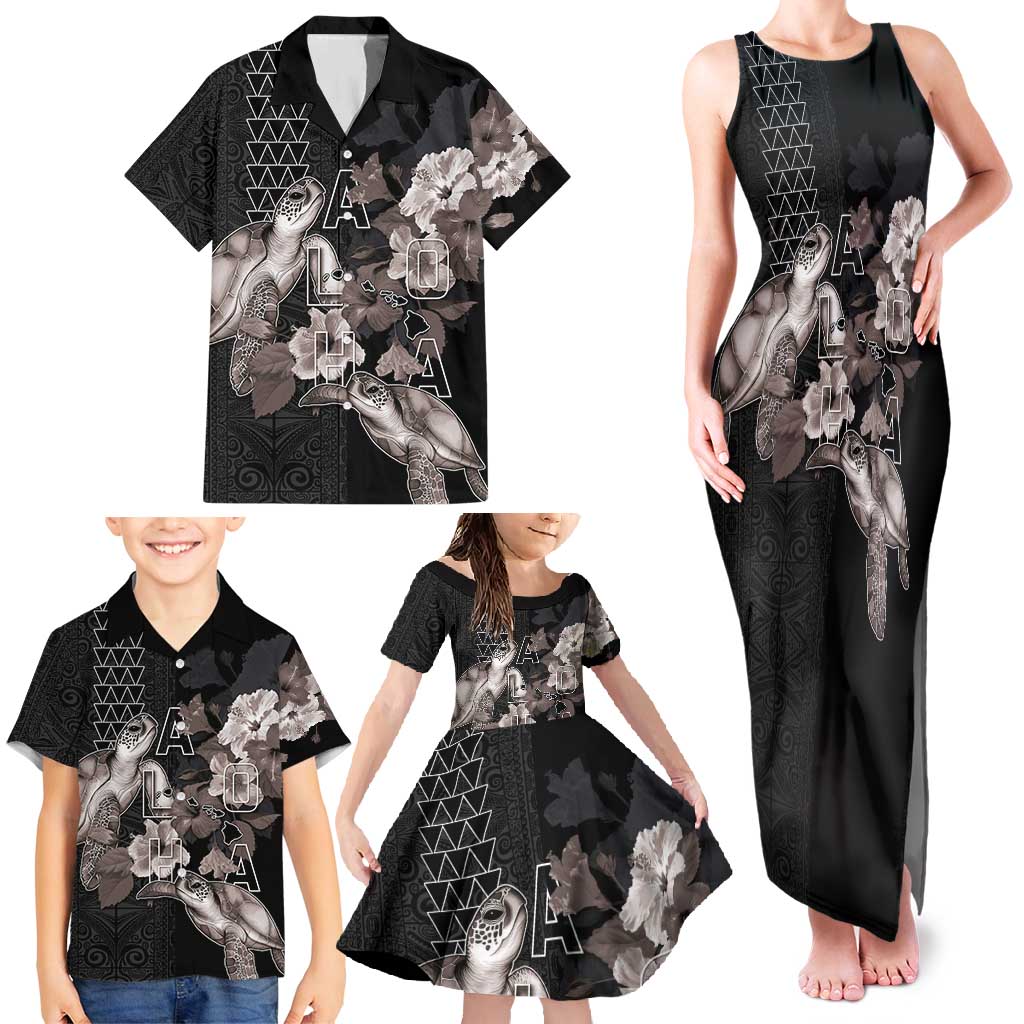 Hawaii Aloha Turtle Hibiscus and Leaves Family Matching Tank Maxi Dress and Hawaiian Shirt with Polynesian and Kakau Tattoos Black Color LT03 - Polynesian Pride