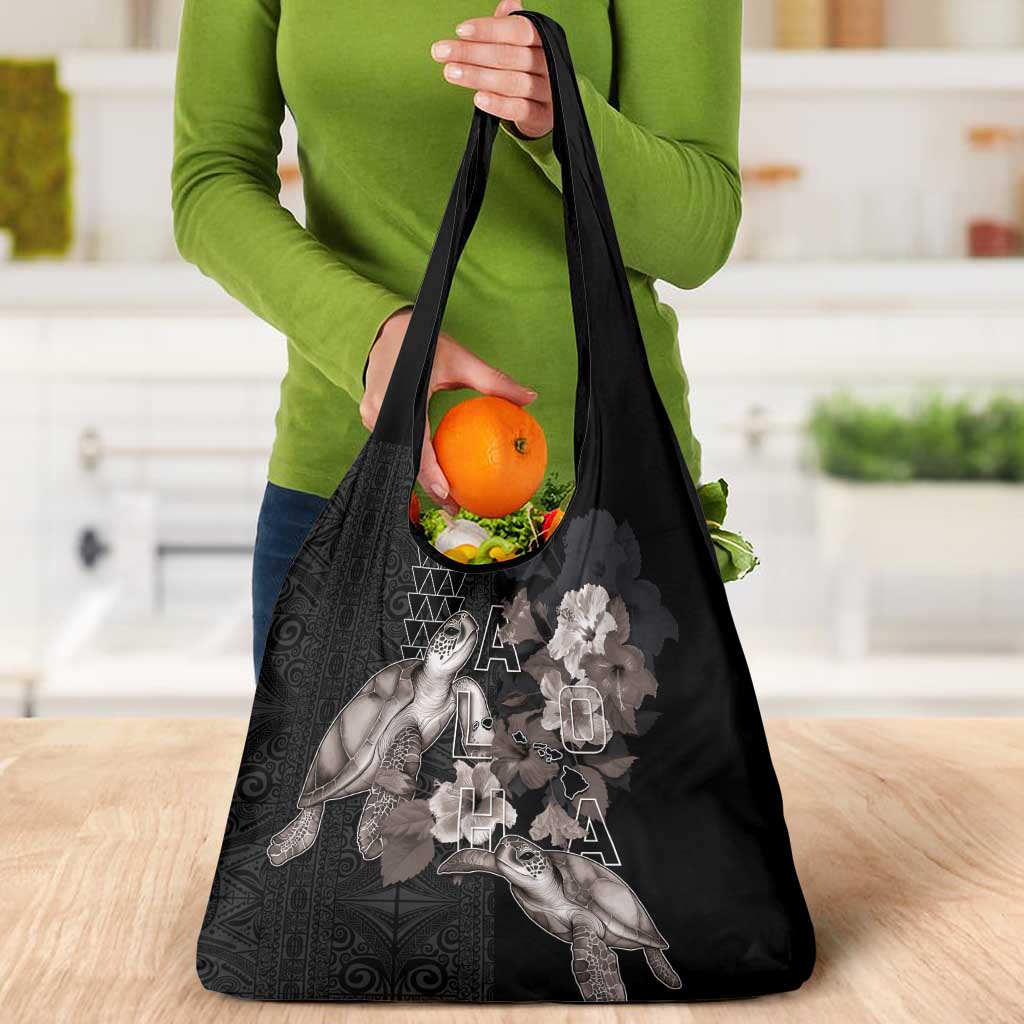 Hawaii Aloha Turtle Hibiscus and Leaves Grocery Bag with Polynesian and Kakau Tattoos Black Color LT03 - Polynesian Pride