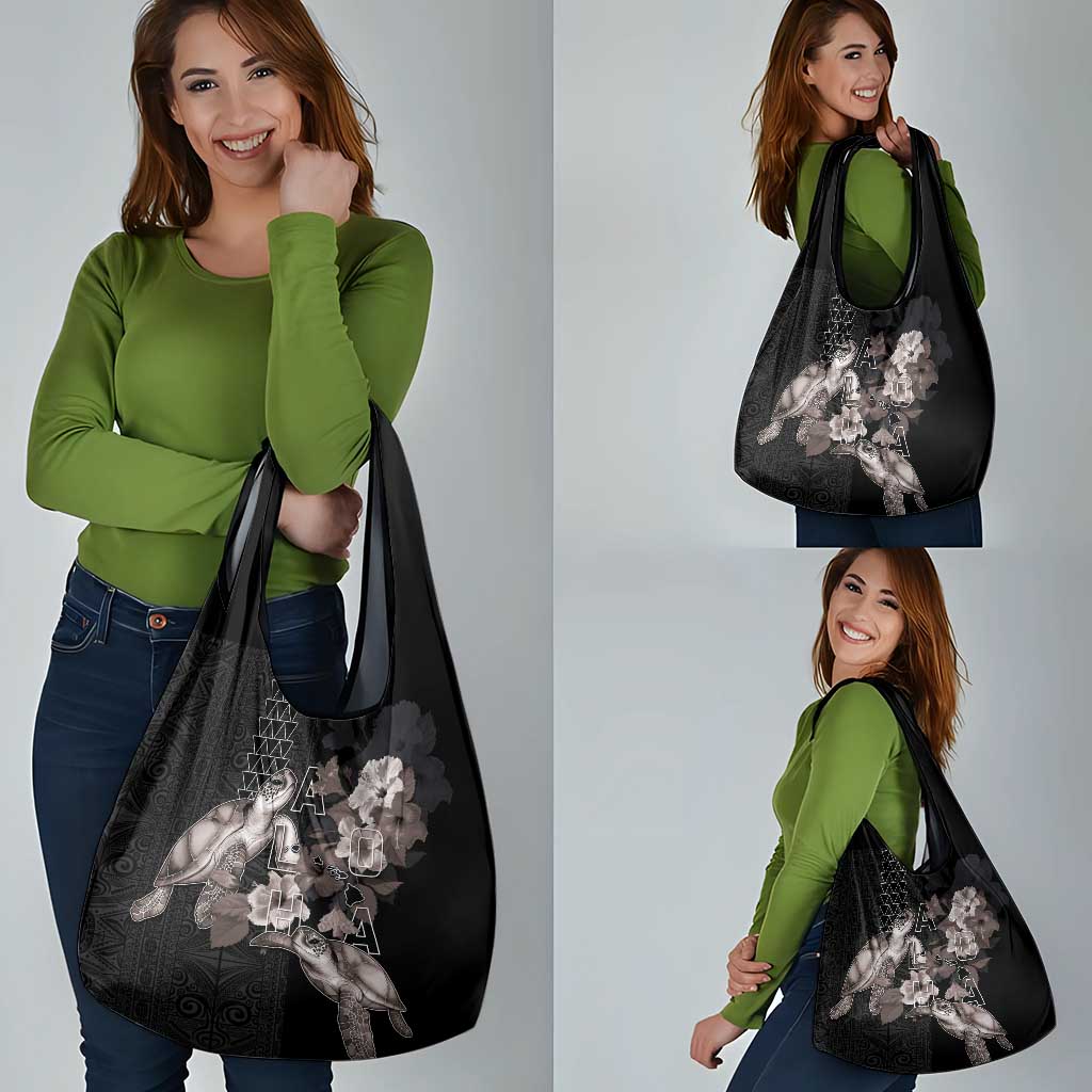 Hawaii Aloha Turtle Hibiscus and Leaves Grocery Bag with Polynesian and Kakau Tattoos Black Color LT03 - Polynesian Pride