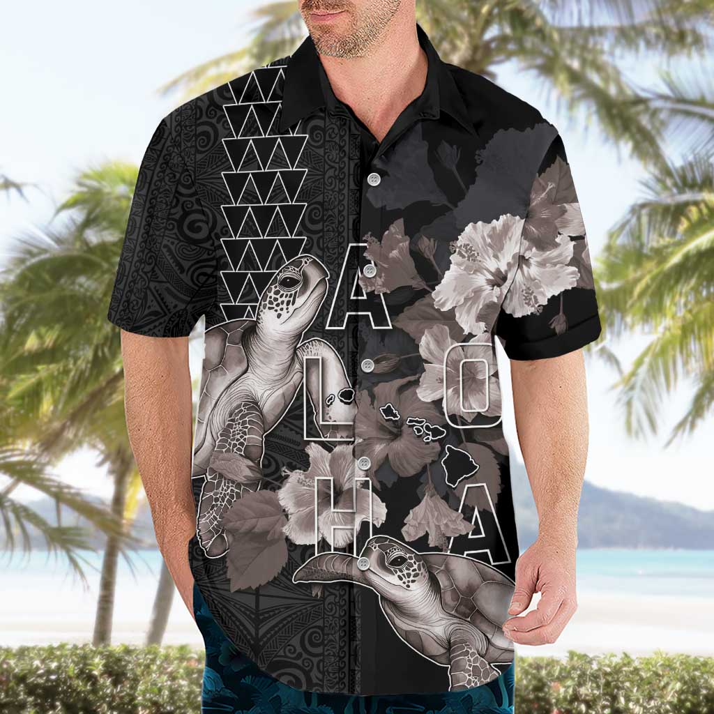 Hawaii Aloha Turtle Hibiscus and Leaves Hawaiian Shirt with Polynesian and Kakau Tattoos Black Color LT03 - Polynesian Pride