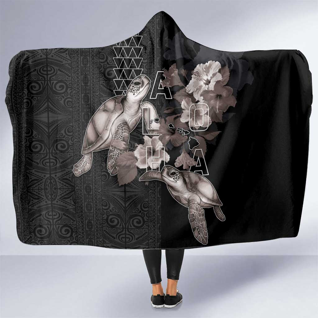 Hawaii Aloha Turtle Hibiscus and Leaves Hooded Blanket with Polynesian and Kakau Tattoos Black Color LT03 One Size Black - Polynesian Pride