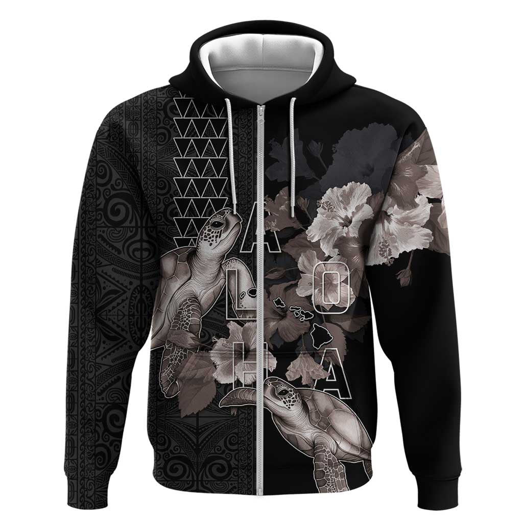 Hawaii Aloha Turtle Hibiscus and Leaves Hoodie with Polynesian and Kakau Tattoos Black Color LT03 Zip Hoodie Black - Polynesian Pride