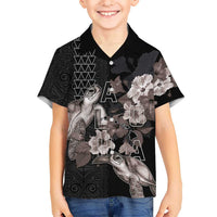 Hawaii Aloha Turtle Hibiscus and Leaves Kid Hawaiian Shirt with Polynesian and Kakau Tattoos Black Color LT03 Kid Black - Polynesian Pride