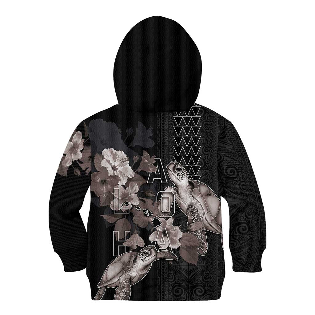 Hawaii Aloha Turtle Hibiscus and Leaves Kid Hoodie with Polynesian and Kakau Tattoos Black Color LT03 - Polynesian Pride