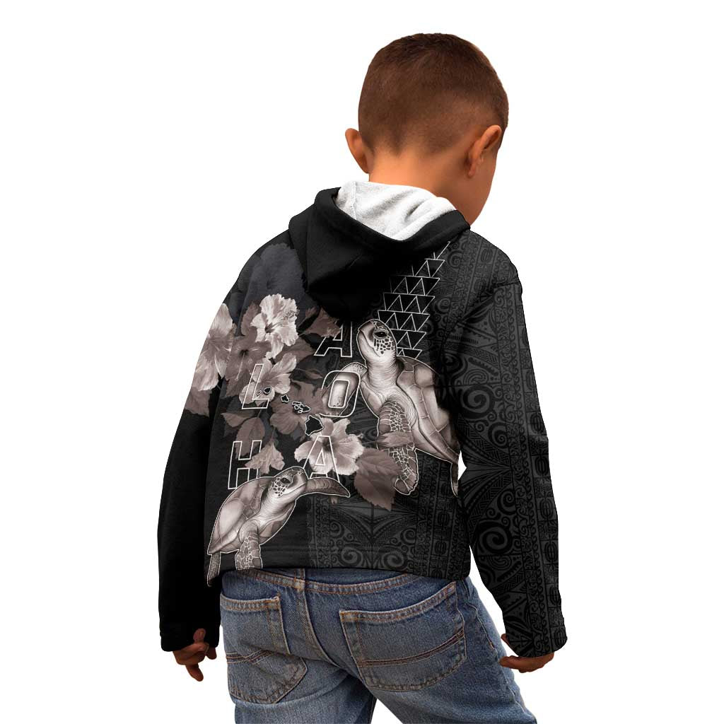 Hawaii Aloha Turtle Hibiscus and Leaves Kid Hoodie with Polynesian and Kakau Tattoos Black Color LT03 - Polynesian Pride