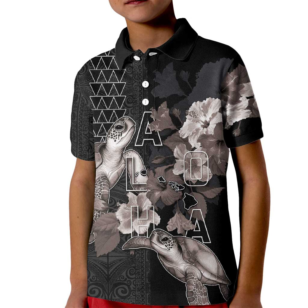 Hawaii Aloha Turtle Hibiscus and Leaves Kid Polo Shirt with Polynesian and Kakau Tattoos Black Color LT03 Kid Black - Polynesian Pride