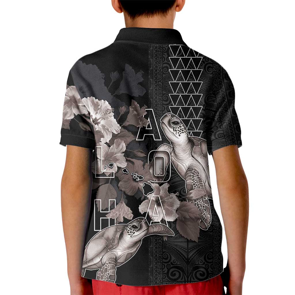 Hawaii Aloha Turtle Hibiscus and Leaves Kid Polo Shirt with Polynesian and Kakau Tattoos Black Color LT03 - Polynesian Pride