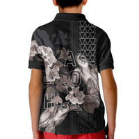 Hawaii Aloha Turtle Hibiscus and Leaves Kid Polo Shirt with Polynesian and Kakau Tattoos Black Color LT03 - Polynesian Pride